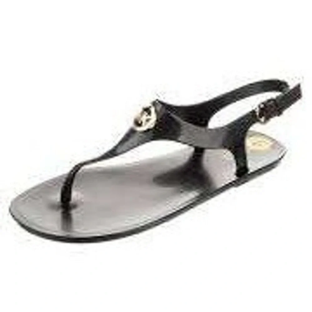Michael Kors black Jelly Sandals Silver MK Logo Thong Slingback 7M RD15L